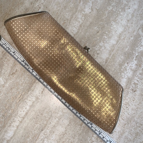 RODO metallic gold clutch, laser cut suede over satin, “kiss” lock. - Picture 14 of 17